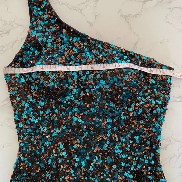 Scala Vintage One Shoulder Blue Bronze Embellished Sequin Mini Dress | Medium - Picture 8 of 11